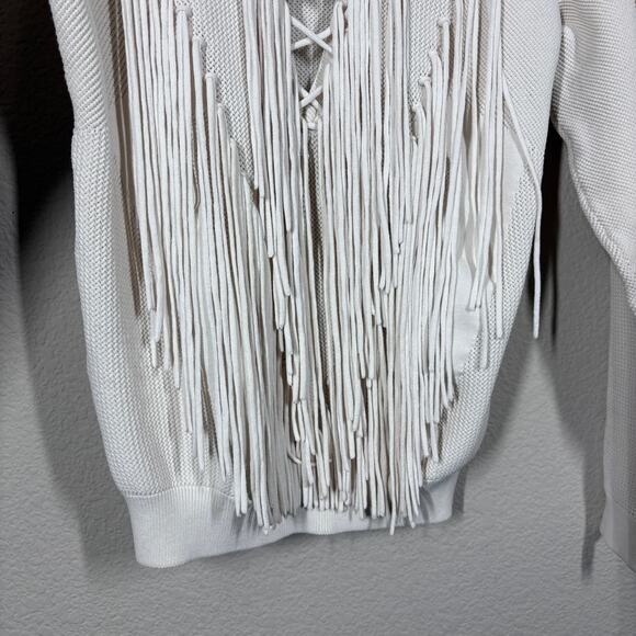 Ronny Kobo Open Stitch Fringe Sweater Cream Lace Up Crew Neck Long Sleeves - Picture 8 of 9